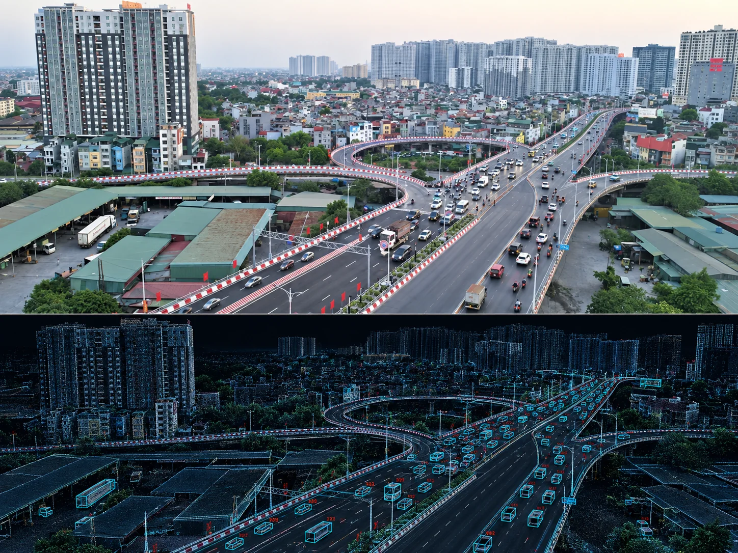 Highway scene paired with a traffic digital twin