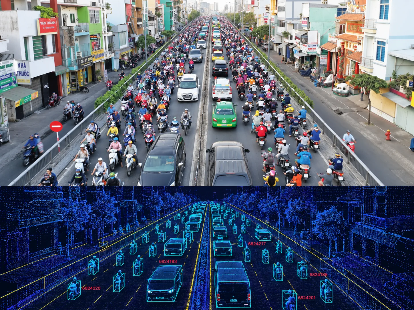 Congested road paired with a traffic digital twin
