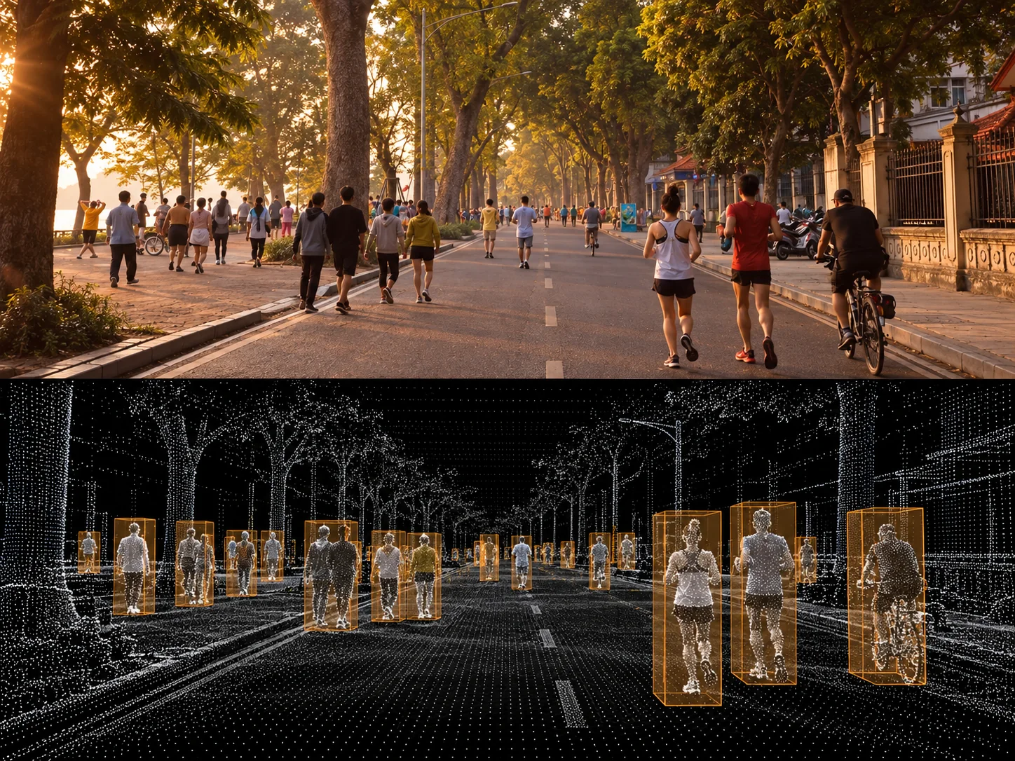 Pedestrians in a park with perception overlay