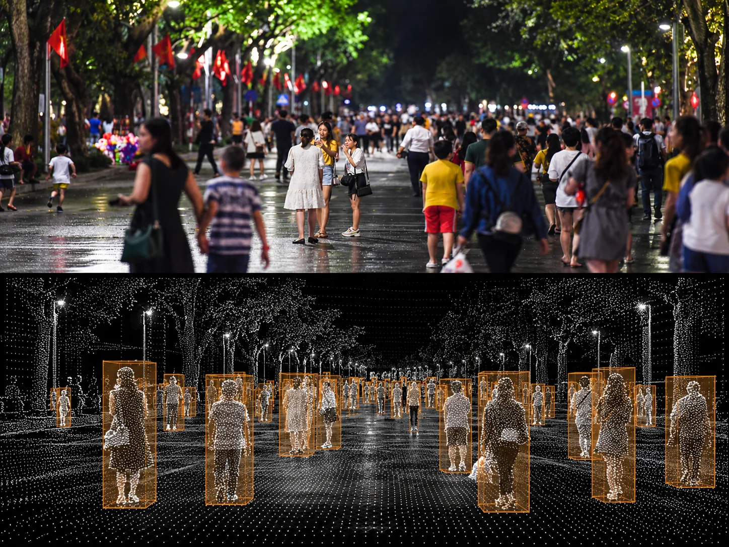 Night crowd scene with perception overlay
