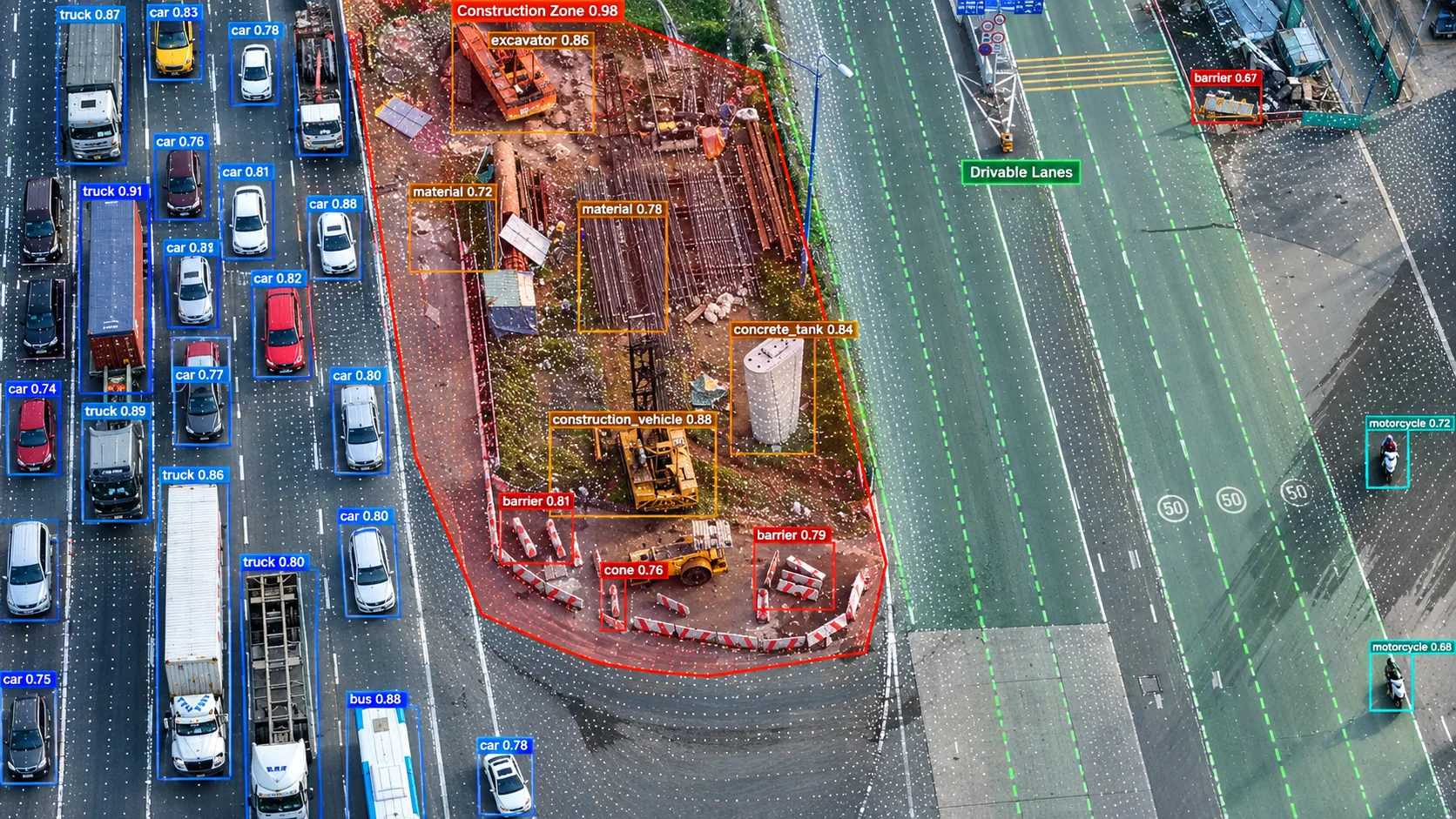 Roadworks corridor with perception overlay