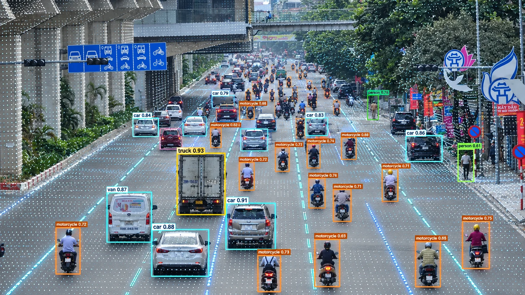 Urban road with traffic perception overlay