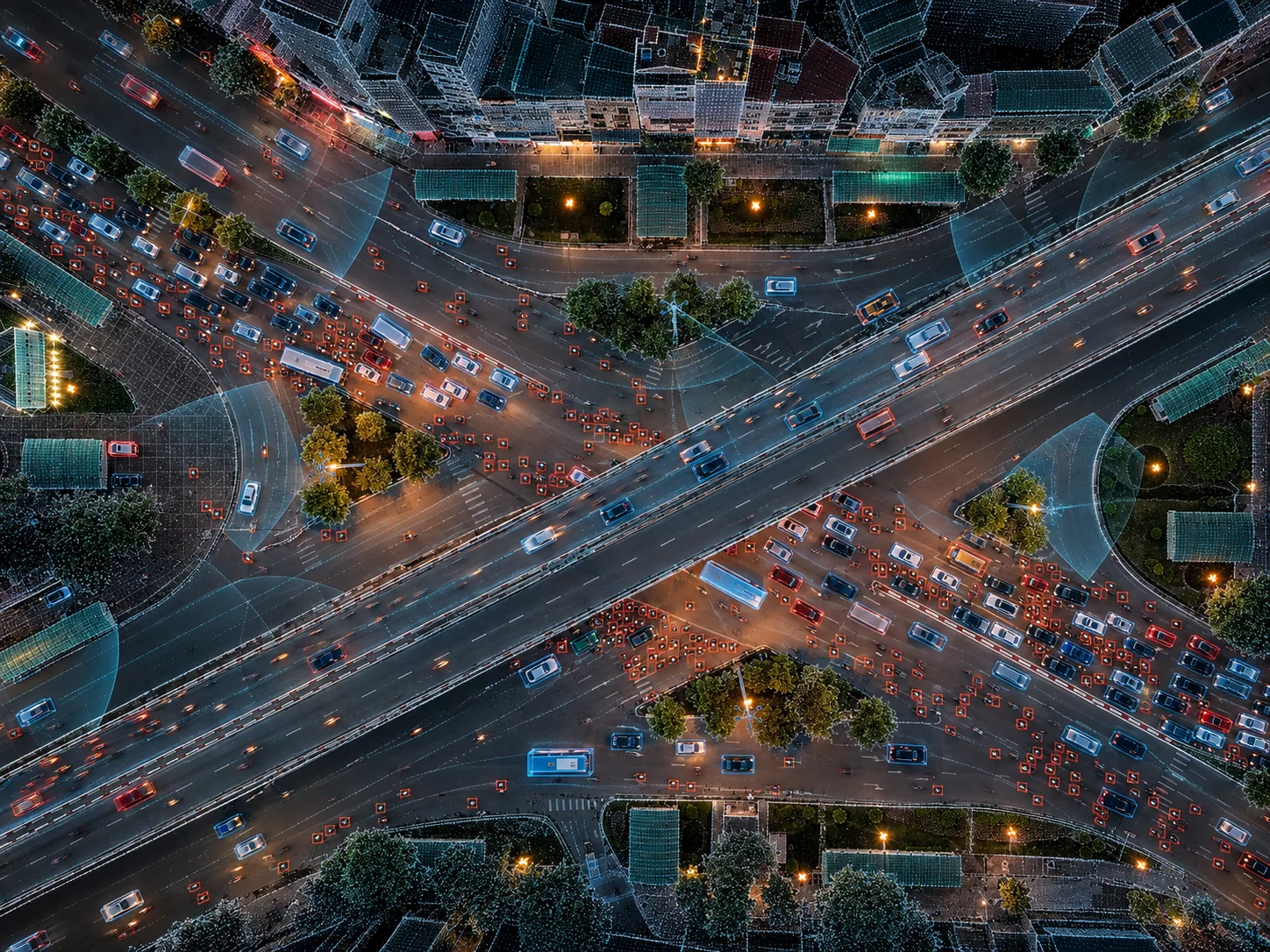 Aerial view of a road corridor at night
